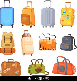 Valises et roulettes à dessin animé. Voyage touristique paquet, voyage types de bagages poignée sac à dos plastique trolley sac à dos aéroport mode valise voyage vecteur illustration de bagages et de valise Illustration de Vecteur