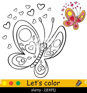 Dessin animé papillon mignon avec coeurs . Page de livre de coloriage avec modèle coloré pour les enfants. Illustration vectorielle isolée. Pour livre de coloriage, pr Illustration de Vecteur