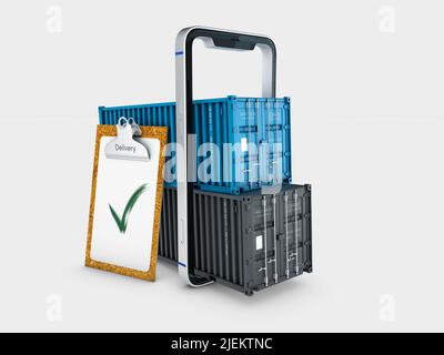 3D rendu du concept de livraison mobile de conteneur de cargaison logistique, chemin de coupure inclus Banque D'Images