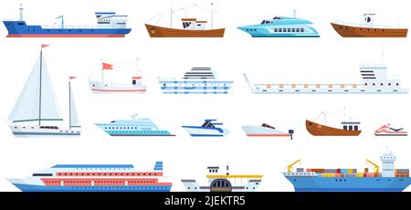 Grands et petits bateaux de mer. Bateau de pêche paquebot de croisière voiliers, barge transportant les types de navires, bateau de transport maritime bateau à voile bateau à vapeur, illustration vectorielle néoclassique du transport de marchandises Illustration de Vecteur