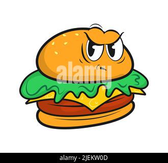 Hamburger drôle, autocollants personnages rétro de dessin animé, émotions avec visages amusants. Formes de bande dessinée vectorielles abstraites pour affiche, carte postale, bannière Illustration de Vecteur