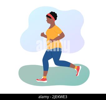 Femme de jogging perdant du poids à l'extérieur. Plump afro-américaine fille courant dans des vêtements de sport. Surcharge pondérale. Jogging matinal dans le parc. Illustration vectorielle plate. Illustration de Vecteur