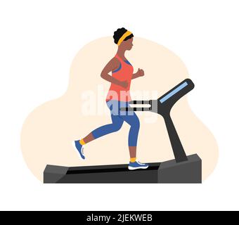 Petite fille athlétique qui court sur un tapis roulant. Femme afro-américaine qui fait du jogging sur des appareils de fitness. Entraînement cardio-vasculaire d'endurance. Illustration vectorielle plate. Illustration de Vecteur