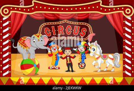 Des artistes de cirque sur l'arène de cirque avec clowns, tamères et animaux Illustration de Vecteur