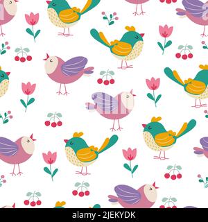 Motif oiseaux colorés sans couture. Oiseaux exotiques dans différentes poses d'impression. Illustration vectorielle Illustration de Vecteur