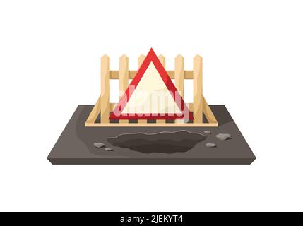 Illustration vectorielle d'une fosse en asphalte clôturé avec une clôture et un panneau. Travaux routiers Illustration de Vecteur