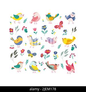Ensemble de fleurs et papillons aux couleurs amusantes. Collection d'oiseaux exotiques. Illustration vectorielle de style plat Illustration de Vecteur