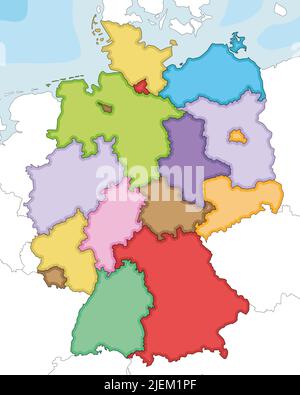 Vector a illustré une carte vierge de l'Allemagne avec des États ou régions fédérés, des divisions administratives et des pays voisins. Modifiable et transparent Illustration de Vecteur