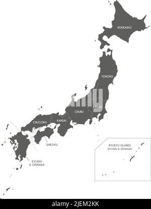 Carte vectorielle du Japon avec régions et divisions administratives. Calques modifiables et clairement étiquetés. Illustration de Vecteur