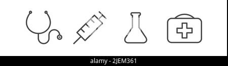 Stéthoscope et seringue. Flacon de laboratoire et mallette médicale. Thérapeute, ORL, tests. Quatre icônes associées à la médecine. Illustration vectorielle. Illustration de Vecteur
