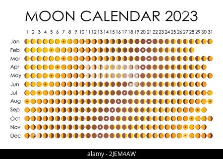 2023 Calendrier de la Lune.Conception de calendrier astrologique. planificateur.Placez les autocollants.Maquette du planificateur de cycle mensuel.Arrière-plan noir et blanc isolé Illustration de Vecteur