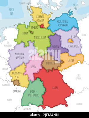 Carte vectorielle illustrée de l'Allemagne avec États ou régions fédérés, divisions administratives et pays voisins. Modifiable et clairement labe Illustration de Vecteur