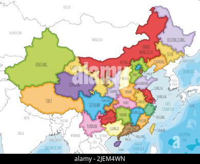 Carte vectorielle illustrée de la Chine avec les provinces, les régions, les divisions administratives et les pays voisins. Calques modifiables et clairement étiquetés. Illustration de Vecteur