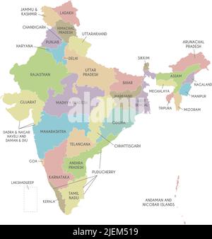 Carte vectorielle de l'Inde avec États et territoires et divisions administratives. Calques modifiables et clairement étiquetés. Illustration de Vecteur