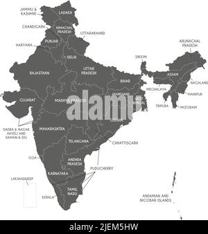 Carte vectorielle de l'Inde avec États et territoires et divisions administratives. Calques modifiables et clairement étiquetés. Illustration de Vecteur