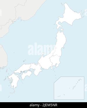 Carte vierge vectorielle du Japon avec régions et divisions administratives, et pays voisins. Calques modifiables et clairement étiquetés. Illustration de Vecteur