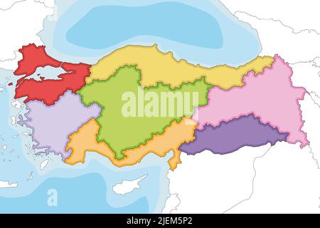 Vector a illustré une carte vierge de la Turquie avec des régions et des divisions géographiques, ainsi que des pays voisins. Calques modifiables et clairement étiquetés. Illustration de Vecteur