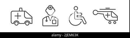 Ambulance, médecin, personne handicapée, hélicoptère médical. Quatre icônes associées à la médecine. Illustration vectorielle. Illustration de Vecteur