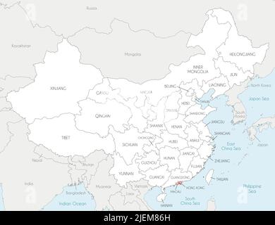 Carte vectorielle de la Chine avec les provinces, les régions et les divisions administratives, ainsi que les pays voisins. Calques modifiables et clairement étiquetés. Illustration de Vecteur