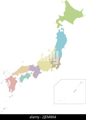 Carte vierge vectorielle du Japon avec régions et divisions administratives. Calques modifiables et clairement étiquetés. Illustration de Vecteur