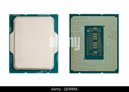 CPU - unité centrale de traitement de l'ordinateur isolée sur blanc. Vue de dessus et de dessous. Banque D'Images