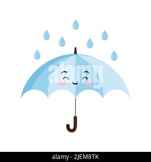 Joli parapluie ouvert avec icône emoji de personnage de dessin animé de pluie battante. Illustration de Vecteur