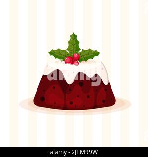 Pudding de Noël décoré avec une branche de houx Illustration de Vecteur