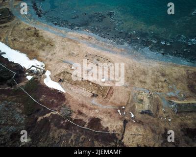 Image aérienne de l'Anse aux Meadows, Terre-Neuve, Canada Banque D'Images