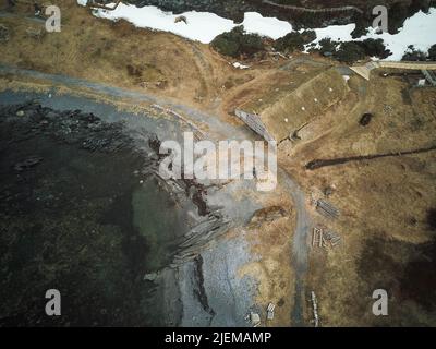 Image aérienne de l'Anse aux Meadows, Terre-Neuve, Canada Banque D'Images