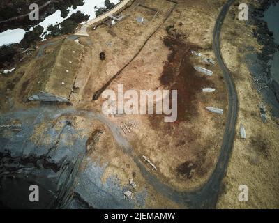 Image aérienne de l'Anse aux Meadows, Terre-Neuve, Canada Banque D'Images