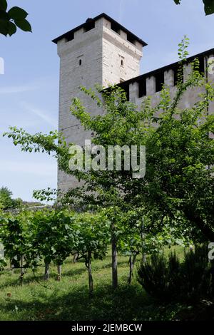 Angera, Italie - 4 juin 2022: Parc du château de Borromeo avec la tour principale en arrière-plan. Banque D'Images