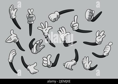 Retro Cartoon gants les mains gestes. Mains de dessin animé avec gants Icon Set isolé. Vector Clipart - parties du corps, bras en gants blancs. Mouvement de la main Illustration de Vecteur