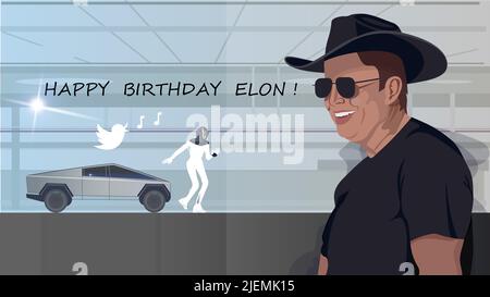 Joyeux anniversaire Elon. Elon Musk portrait, Tesla Bot, logo Twitter, Tesla CyberTruck. Banque D'Images