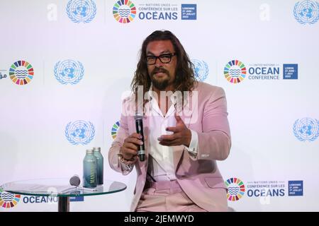 Lisbonne, Portugal. 27th juin 2022. JASON Momoa, acteur américain et militant océanique, s'exprime lors de la Conférence des Nations Unies sur les océans à Lisbonne, au Portugal, sur 27 juin 2022. (Image de crédit : © Pedro Fiuza/ZUMA Press Wire) Banque D'Images