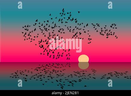 Un troupeau d'oiseaux au coucher du soleil se reflète dans l'eau d'un lac dans cette illustration de 3 jours. Banque D'Images