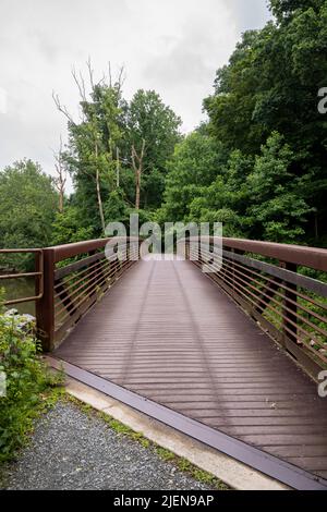 Le vieux pont en bois se dresse au-dessus de la rivière qui coule doucement Banque D'Images