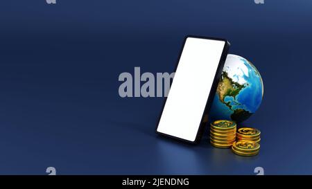 Smartphone avec pile de pièces d'or et globe ou terre, monde des affaires et des concepts financiers. 3D rendu. Élément par NASA Banque D'Images