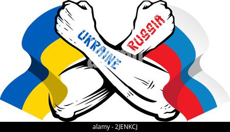 Drapeaux de la Fédération de Russie et de l'Ukraine avec illustration des armes croisées, concept de relations tendues entre l'Ouest, l'Ukraine et la Russie Illustration de Vecteur