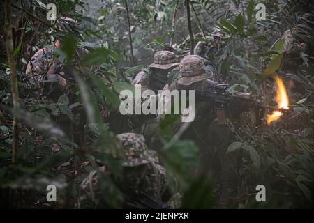 Des soldats de l'armée américaine du 3rd Escadron, du 4th Cavalry Regiment, de l'équipe de combat de la brigade d'infanterie 3rd, de la 25th Infantry Division et des forces armées malaisiennes mènent une attaque quelque part dans la jungle pendant la grève de Keris 22, en Malaisie, au 16 juin 2022. La grève de Keris est un exercice militaire bilatéral d'une armée à l'autre entre l'armée malaisienne et l'armée américaine du Pacifique qui augmente les opérations d'interopérabilité qui rassurent les engagements de sécurité partagés dans la région Indo-Pacifique. (É.-U. Photo de l'armée par PFC. Wyatt Moore / Détachement des affaires publiques 28th) Banque D'Images