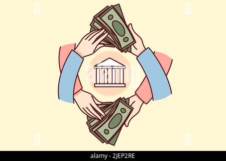 Les personnes détenant des billets en dollars effectuant des opérations financières par le biais de la banque. Mains avec transfert ou transaction de factures d'argent. Concept d'économie. Illustration vectorielle. Illustration de Vecteur