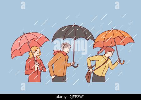 Les gens avec des parasols marchant le jour de la pluie. Hommes et femmes dehors sous la pluie. Changements de temps, concept de la saison d'automne. Illustration vectorielle. Illustration de Vecteur