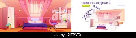 Parallax arrière-plan fille chambre sur grenier pour 2D jeux d'animation. Intérieur mignon dans les couleurs roses avec lit, armoire, miroir, fenêtre avec rideau et guirlandes. Mansarde vecteur confortable pour les couches séparées de l'adolescence Illustration de Vecteur