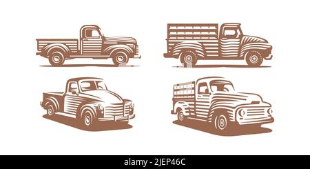 Le dessin d'un pick-up fermier d'époque est de style gravure. Illustration vectorielle avec coupe de bois d'une voiture de ferme classique, camion rustique sur le côté et vue en perspective isolée sur fond blanc Illustration de Vecteur