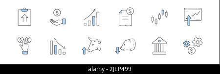 Icônes de doodle de marché boursier, ensemble de vecteurs isolés de signes linéaires. Doigt choisir le dollar ou l'euro devise, tableau de déclin, tête d'ours taureau, bâtiment de banque, porte-documents, graphique en flèche croissante, roues dentées Illustration de Vecteur