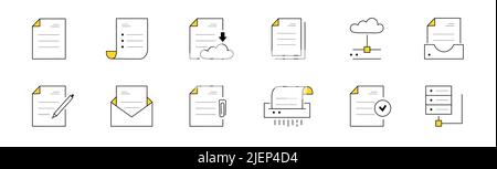 Ensemble d'icônes doodle fonctionne avec les documents, stockage d'archives en ligne. Des panneaux linéaires vectoriels isolés sont téléchargés dans le cloud, détruisant du papier, des fichiers et des dossiers avec un stylo et une enveloppe Illustration de Vecteur