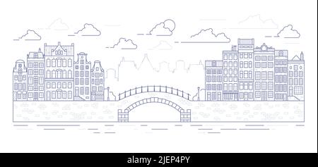 Maisons de style ancien d'Amsterdam.Maisons typiques des canaux hollandais bordées près d'un canal aux pays-Bas.Bâtiment et façades sur le pont.Contour vectoriel Illustration de Vecteur