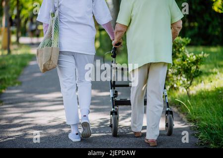 Vue arrière du personnel soignant avec une femme âgée en bas à pied avec une marchette dans le parc et un sac à provisions. Banque D'Images