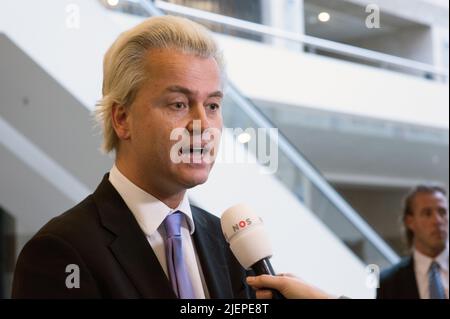 La Haye, pays-Bas. Portrait de Monsieur Geert Wilders, chef politique de la droite et de l'Alt droite du Parti PVV lors du débat parlementaire en 2nd Chambre du Parlement néerlandais. Banque D'Images