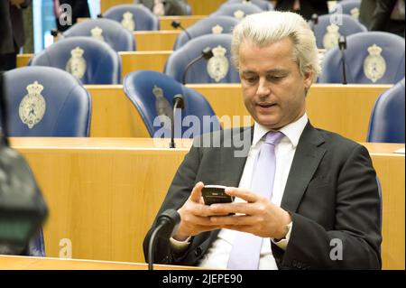 La Haye, pays-Bas. Portrait de Monsieur Geert Wilders, chef politique de la droite et de l'Alt droite du Parti PVV lors du débat parlementaire en 2nd Chambre du Parlement néerlandais. Banque D'Images