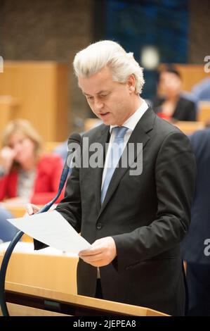 La Haye, pays-Bas. Portrait de Monsieur Geert Wilders, chef politique de la droite et de l'Alt droite du Parti PVV lors du débat parlementaire en 2nd Chambre du Parlement néerlandais. Banque D'Images